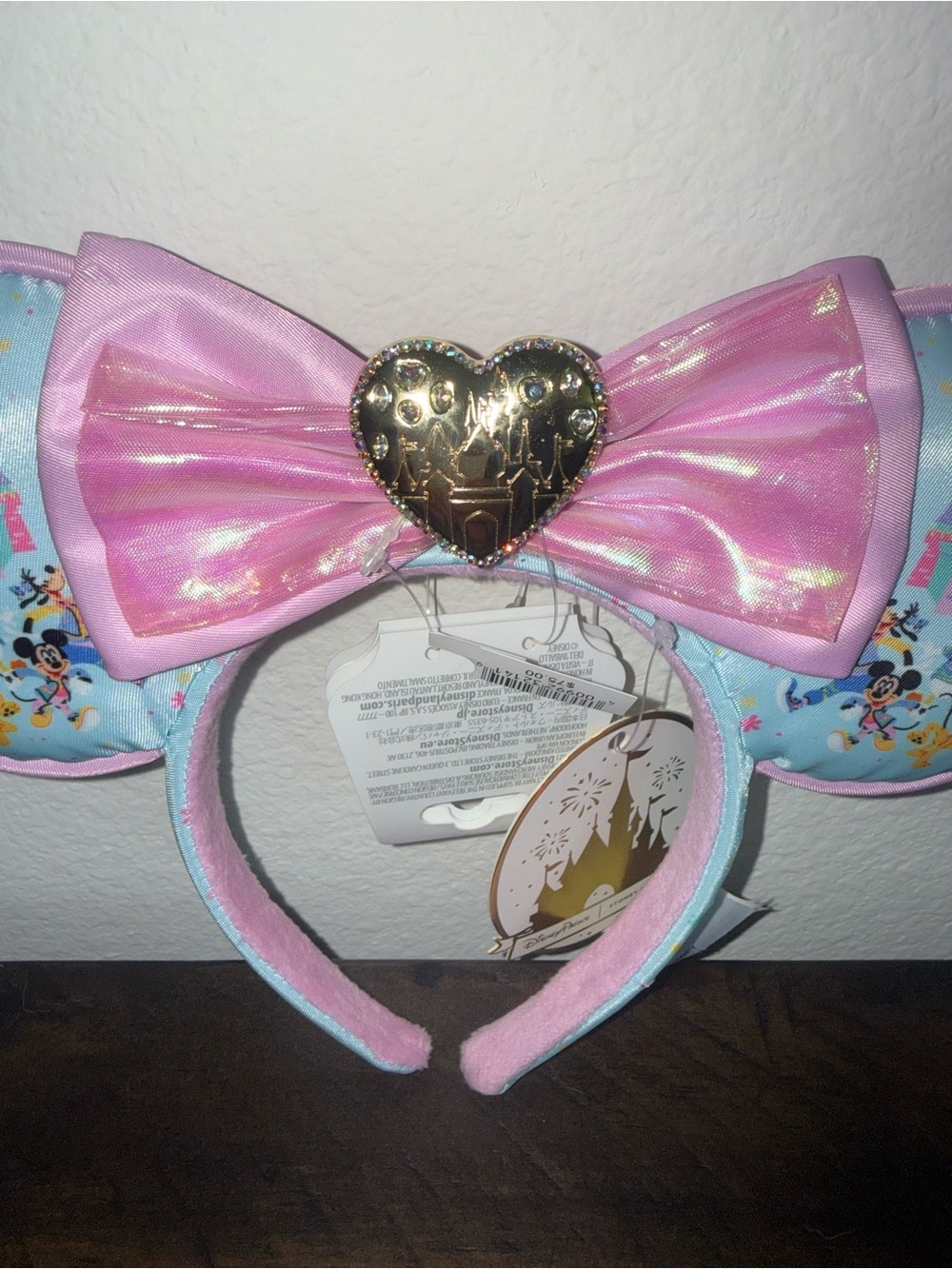 Disney Pastel Blue Minnie Ears Headband with Shimmery Pink Bow - Picture 2 of 6